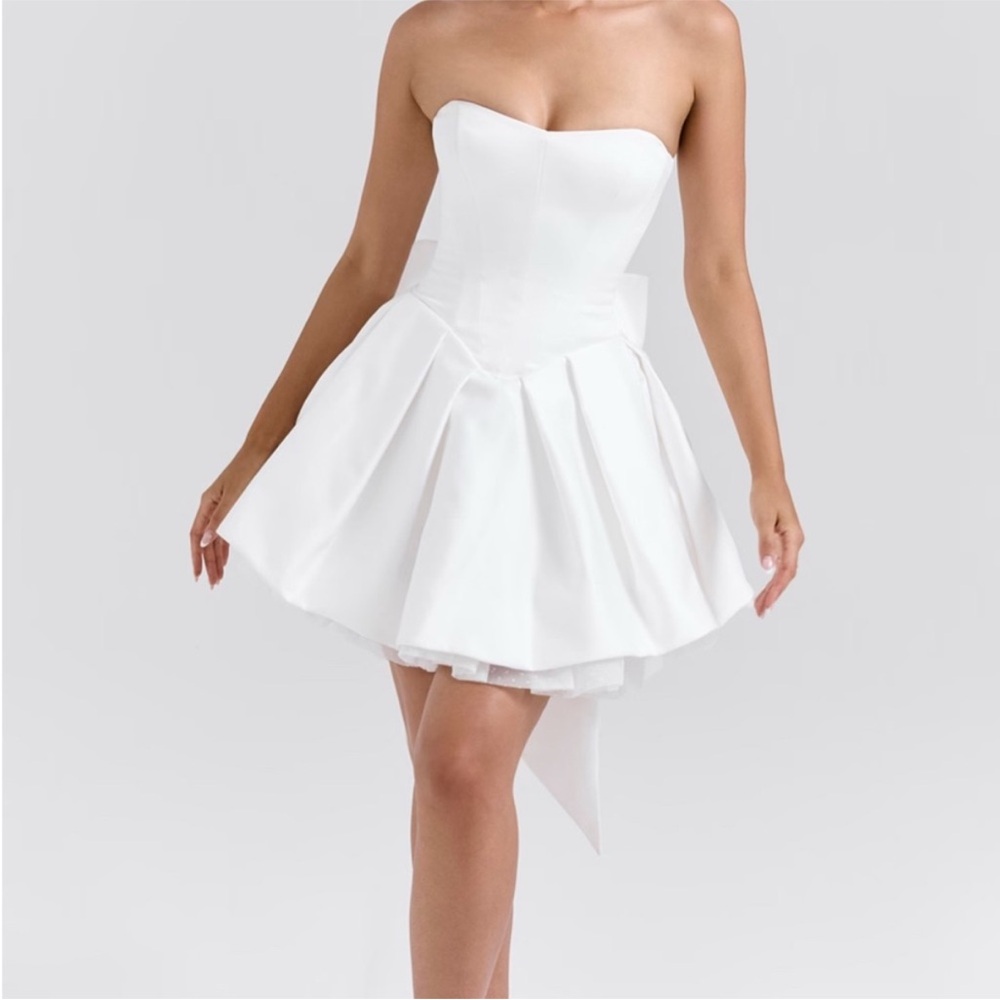 House of CB Strapless White Pleated Fit-and-Flare Mini Dress